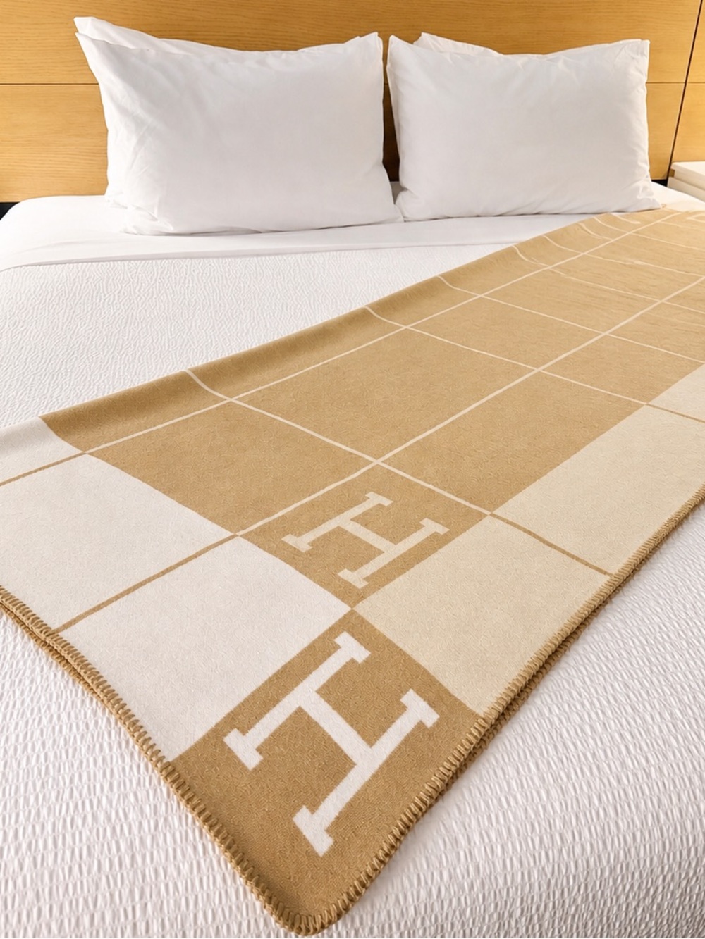 Beige and Cream Checker H Letter Throw Blanket | Quiet Luxury Decor